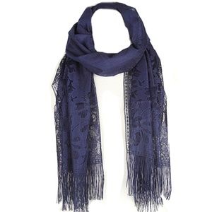 Lacy Floral Motif Rectangular Fringed Scarf